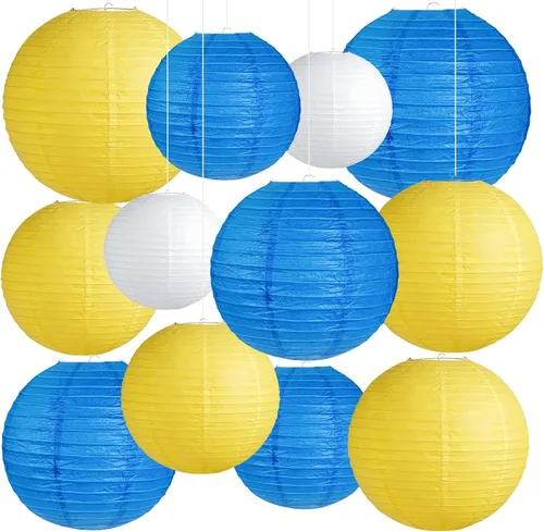 Vista 8 de 12 Linternas de Papel Azul, Blanco y Verde Menta de Tamaños Variados (6" 8" 10" 12") para Decoración del Hogar, Boda, Cumpleaños, Decoraciones