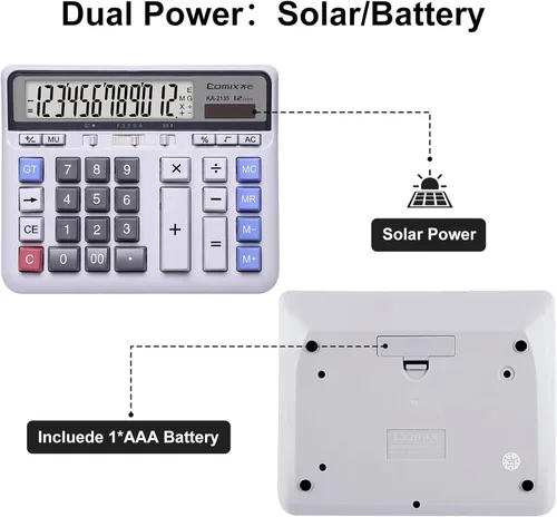 Vista 6 de Comix Calculadora de Escritorio Solar con Batería de Doble Alimentación con Pantalla LCD Grande de 12 Dígitos y Teclas de Computadora Grandes