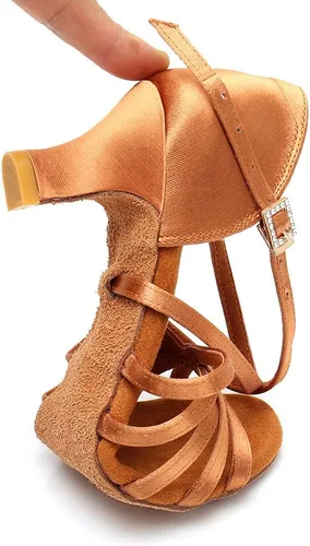 Vista 4 de Zapatos de baile latino para mujer, de satén, profesional, para sala de baile, salsa, práctica, rendimiento
