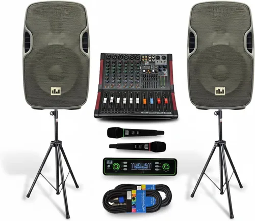 Vista 9 de Sistema PA completo, profesional, de 2000 watts, con mezclador 6 Ch, parlantes de 10 in y soporte para micrófonos inalámbricos dobles
