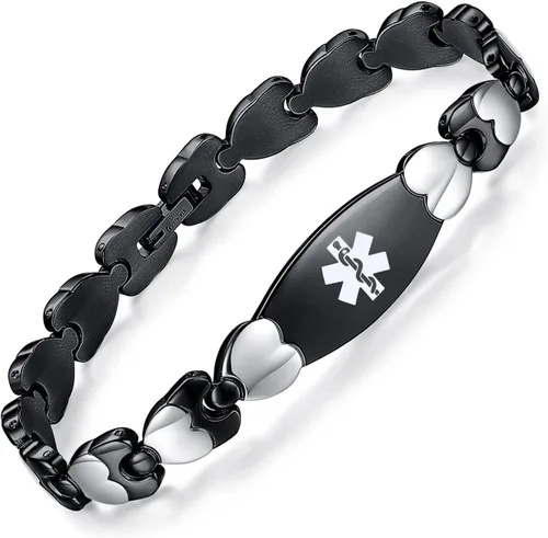 Vista 5 de LinnaLove Pulsera de identificación médica de doble corazón para mujeres 7 1/2 pulgadas de acero inoxidable de moda pulseras de alerta médica