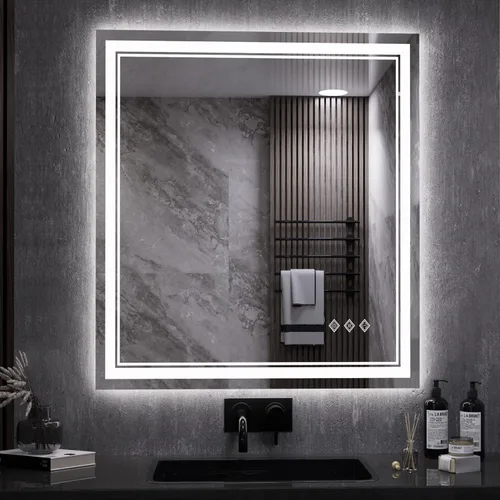 Vista 21 de Espejo LED, 20 x 28 pulgadas, gradiente frontal y retroiluminado LED, espejo de baño LED de 3 colores regulables CRI>90, IP54, espejo de baño