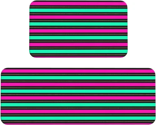 Antifatigue Kitchen Mats for Floor 2 Piece - Retro Color Line Print Kitchen Rugs Washable, Non Slip Runner Rug Standing Mat for