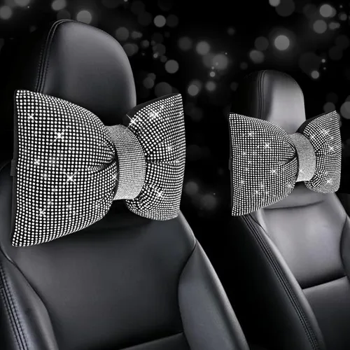 Vista 11 de 2 PCS Almohadas Brillantes para Automóvil, Almohada de Reposacabezas de Coche con Lazo de Pedrería, Almohada Cervical para Coche para Relajación