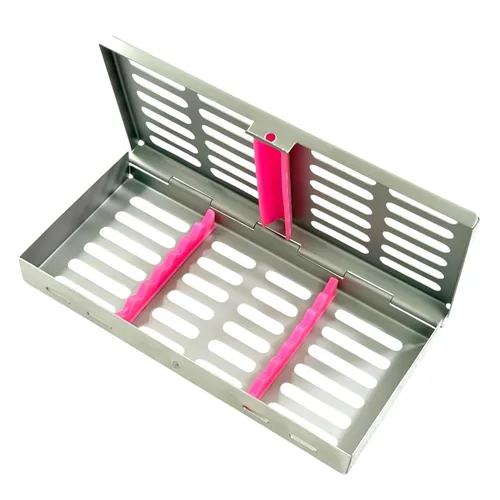 Nueva bandeja de caja de casete de esterilización de autoclave dental alemana alemana para 7 instrumentos, color rosa