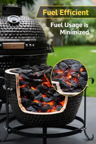 Vista 6 de Parrilla Kamado de 13 pulgadas de ancho con termómetro incorporado, parrilla ovalada con rejillas de hierro fundido, mango de bambú, parrillas