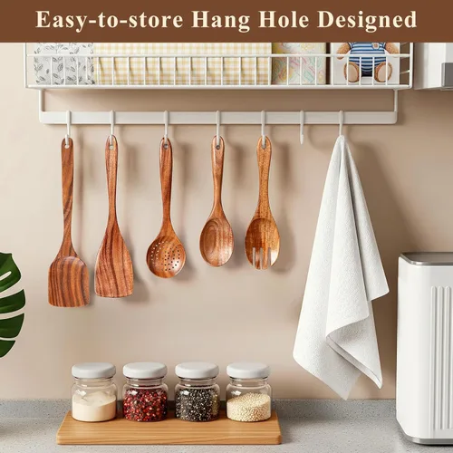 Vista 8 de Cucharas de madera para cocinar, juego de utensilios de cocina de madera de 6 piezas para sartenes antiadherentes y utensilios de cocina, 100%