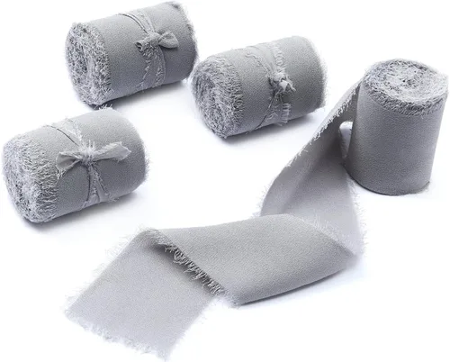 Vista 14 de 4 rollos de 1 pulgada de ancho x 5 yardas de largo, cinta de gasa con flecos hecha a mano, de chifón y seda, con bordes deshilachados