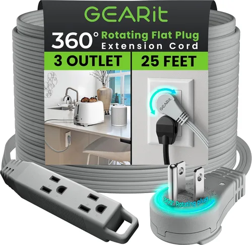 Vista 20 de GEARit Cable de extensión corto con enchufe plano giratorio de 360° y 3 tomas (2 pies, gris) 16AWG/13A Cable de 3 clavijas, Protector de toma