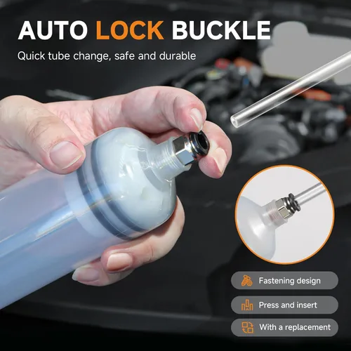 Vista 5 de FOUR UNCLES Extractor de líquidos de 200 cc y bomba de llenado para uso automotriz: jeringa de aceite con una manguera de 23 pulgadas y dos tubos