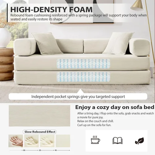 Vista 4 de Sofá cama plegable convertible 4 en 1, sofá de 78 pulgadas sin estructura rígida con marco de forma fija, sofá biplaza de pana con cama extraíble