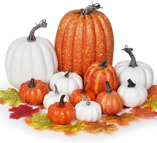 Lvydec Juego de calabazas artificiales, decoración de cosecha, 12 calabazas naranjas y blancas de varios tamaños con 50 hojas de arce para