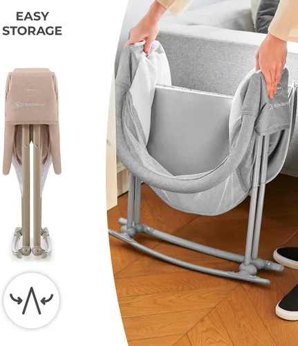 Vista 2 de Kinderkraft LOVI Moisés de viaje para bebé en color beige, cama plegable portátil con mosquitera incorporada, capucha ajustable y una función