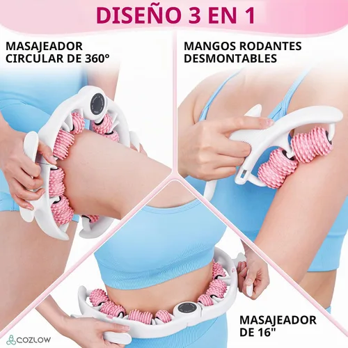 Vista 2 de COZLOW Rodillo de masaje para celulitis - Rosa - Masajeador anticelulítico con asas de rodillo desmontables para muslos, piernas y glúteos