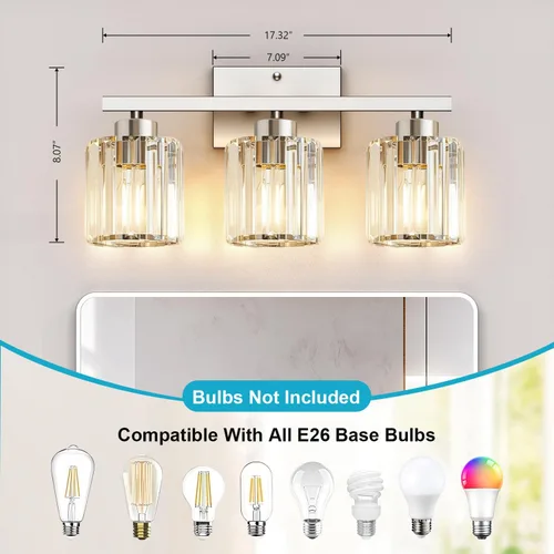 Vista 3 de GOLSPARK Modern Crystal Bathroom Vanity Light, Brushed Nickel Bathroom Lighting fixtures Over Mirror, 3-Light Vanity Light Fixtures, E26 Base Round