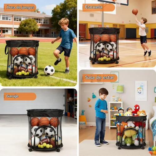 Vista 3 de Carrito de almacenamiento de bolas, organizador de bolas con ruedas 51.36gal 2 Side Opening Ball Basket for Garage, Playground and Outdoor, Ball