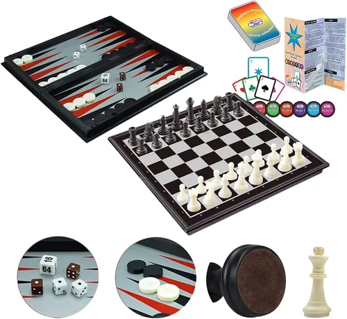 Vista 8 de WEofferwhatYOUwant Juego de ajedrez magnético 3 en 1, juego de mesa de viaje con damas y backgammon de 10 pulgadas, tablero de ajedrez plegable
