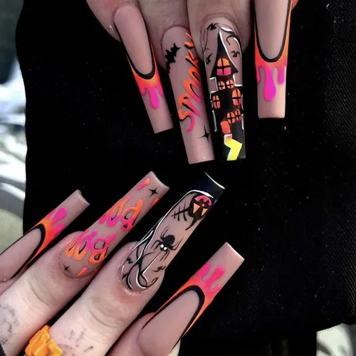 Vista 11 de Uñas postizas a presión de Halloween, uñas postizas largas con punta francesa, uñas acrílicas negras de RIICFDD con diseño de telaraña fantasma