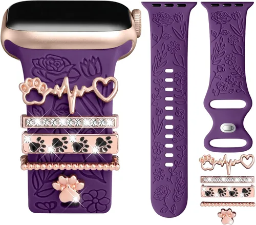 Vista 19 de DaQin Banda con Flor Grabada Compatible con Apple Watch, Bandas de 44mm, 42mm, 45mm, 46mm para Mujeres, Correa de Silicona Suave con Decoración