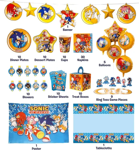 Vista 7 de Kit de Fiesta de Cumpleaños de Sonic The Hedgehog - Suministros Completos para 10, Decoraciones Temáticas de Videojuegos, Pancarta con Licencia