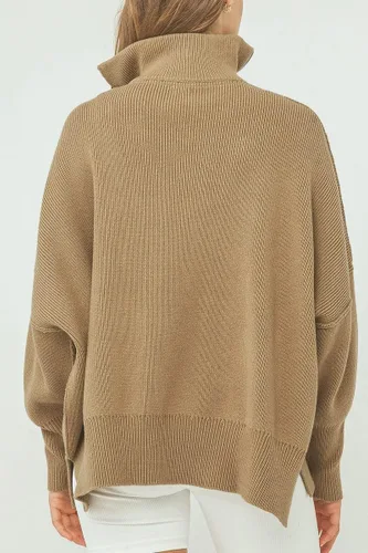 Vista 5 de EFAN Suéter de punto holgado de gran tamaño con cremallera de un cuarto para mujer, manga larga, cuello dividido, dobladillo dividido, suéter