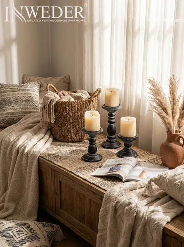 Vista 5 de Portavelas de pilar de madera: 3 portavelas rústicos negros para velas de pilar, portavelas de madera envejecida, portavelas rústico grande