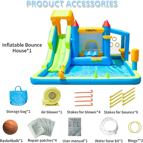Vista 6 de Casa inflable de rebote con tobogán, tobogán de agua, piscina de salpicaduras, cañón de agua, pared de escalada, aro de baloncesto, tobogán inflable