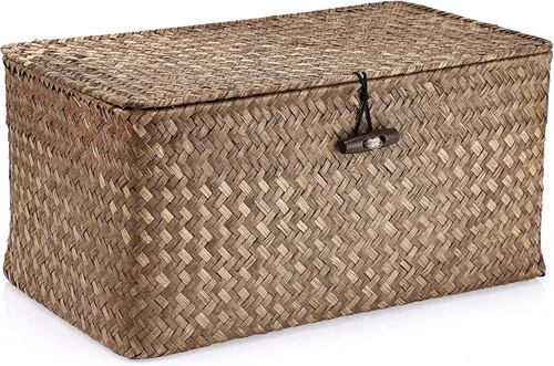 Vista 25 de Hipiwe Cesta de mimbre extra pequeña con tapa, cestas de almacenamiento de hierba marina natural, caja organizadora para el hogar, cesta