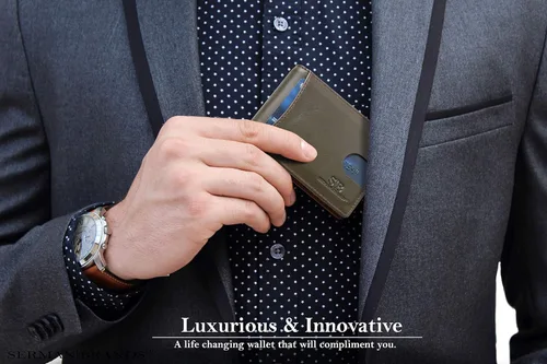 Vista 2 de SERMAN BRANDS - Billetera sencilla de cuero genuino con bloqueo RFID para hombre, billetera delgada con bolsillo frontal y clip para dinero