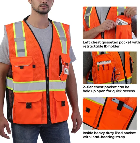 Vista 2 de Neopelta Chaleco de seguridad reflectante de malla naranja, fabricado con cinta reflectante 3M, chaleco resistente con bolsillo para identificación