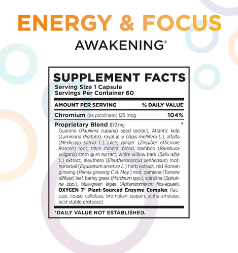 Vista 6 de Awakening Suplemento de energía natural y enfoque con Panax Ginseng, extracto de guaraná y picolinato de cromo Suplemento cerebral