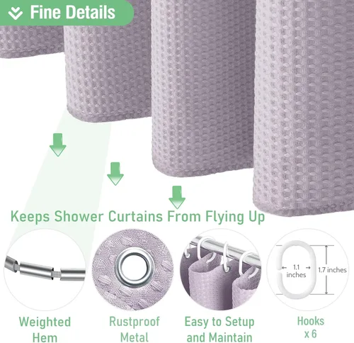 Vista 671 de Cortina de ducha de tela Dynamene verde oscuro - Cortinas de baño de tela de nido de abeja texturizadas resistentes, juego de cortinas de baño