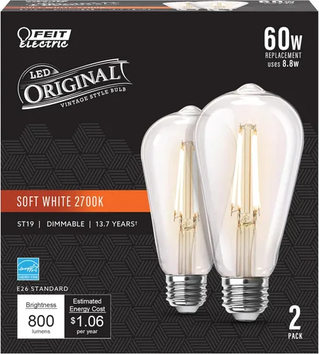 Feit Electric ST19 Bombilla LED Edison vintage, equivalente a 60 W, regulable, blanco suave de 2700 K, 800 lúmenes, base E26, bombillas de filamento