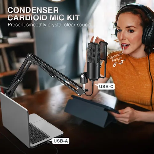 Vista 7 de FIFINE - Micrófono USB para podcast, micrófono condensador para PC con soporte de brazo extensible, botón de silencio, kit de micrófono Plug & Play