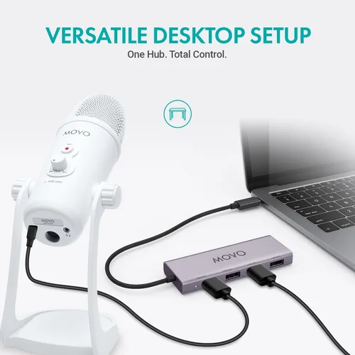 Vista 5 de Movo Paquete de equipo de podcast USB para 2 – Interfaz USB con 2 micrófonos de condensador UM700 – Hub alimentado por 4 puertos para transmisión