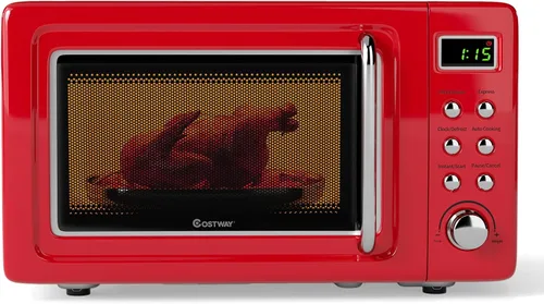 Vista 11 de COSTWAY horno microondas de encimera, 0.7 pies cúbicos, hornos microondas con 5 niveles de micro potencia, función de inicio diferido, plato