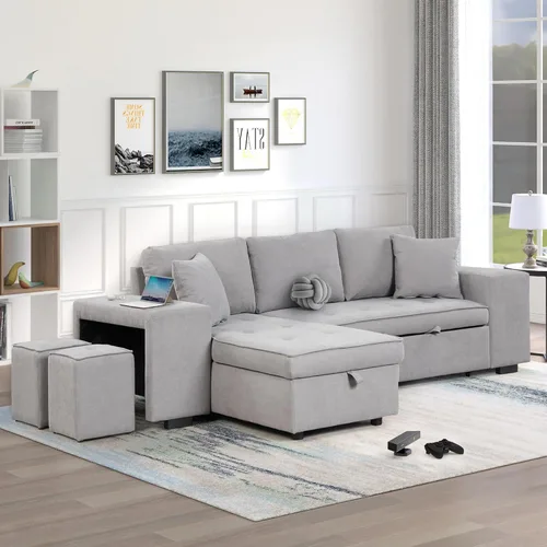 Vista 11 de Sofá cama modular modular modular en forma de L convertible de 3 plazas con diván de almacenamiento y 2 taburetes, juego de muebles reversibles