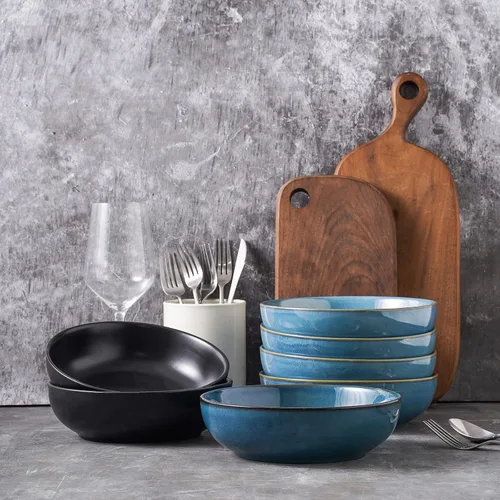 Vista 7 de Selamica Juego de 4 cuencos de cerámica para pasta, apilables, aptos para microondas y lavavajillas, color negro mate