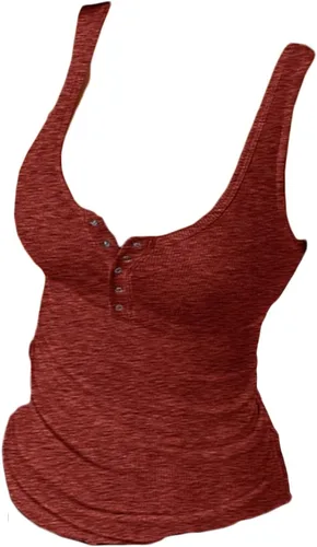 Chaleco de corte bajo para mujer, camiseta sin mangas estilo Henley estilo túnica ajustada, color sólido, elástico, informal, sin mangas (rojo, XL)