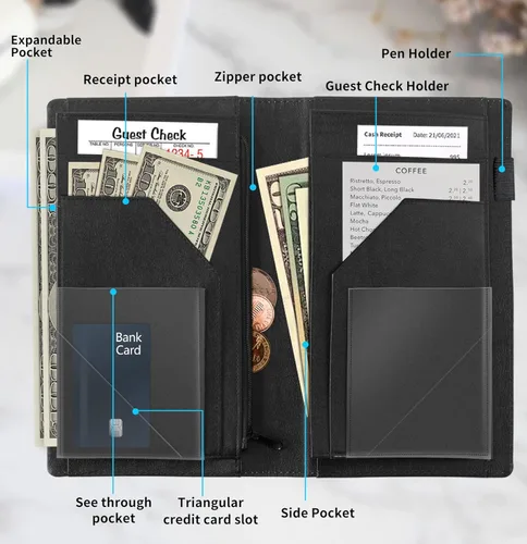 Vista 4 de Server Book,Waitress Book,5x9 Inch Server Books for Waitress & Waiter, Cute PU Leather Serving Book Guest Check Presenters Organizer with Zipper