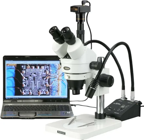 Vista 7 de AmScope SM-1TSW2-L6W Microscopio profesional de zoom estéreo trinocular, WH10x y WH25x, aumento 3.5X-225X, objetivo de zoom 0.7X-4.5X, luz LED