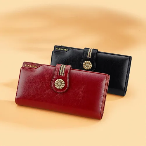 Vista 4 de VANNANBA Cartera de mano de gran capacidad para mujer, bloqueo RFID, encerada, piel auténtica, con cremallera, tarjetero, Rojo -, Vintage
