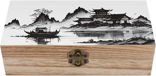 Caja de almacenamiento de madera de paisaje chino con cerradura con bisagras, baúl decorativo hecho a mano, elegantes cajas de decoración retro,