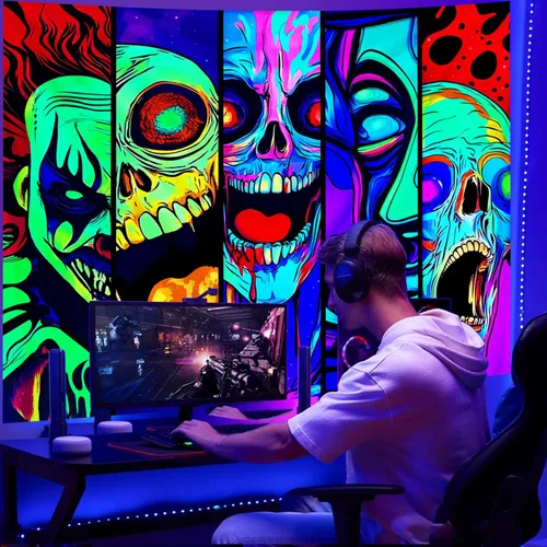Vista 2 de Apdidl Tapiz de luz negra de Halloween para decoración de terror en dormitorio, pósteres de luz negra con cara de calavera y esqueleto gracioso