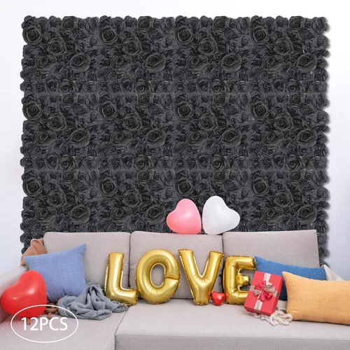 Vista 2 de Paneles de pared de flores 3D, 12 paneles de pared de flores artificiales, rosas de seda, fondo de pared de flores sintéticas decorativas