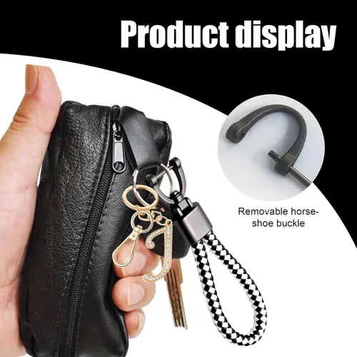 Vista 4 de ZBGUN 1 PC Car Woven Keychain, Metal Pendant Keychain with Letter J, Universal for Men and Women (White & Black)