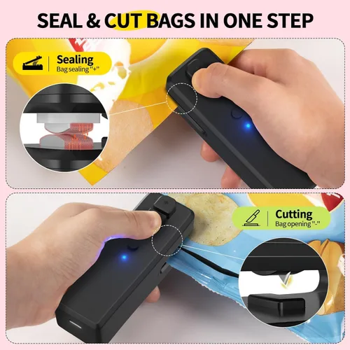 Vista 3 de Bag Sealer Mini, 3 in 1 Mini Bag Sealer Heat Seal with Cutter & Magnet, Rechargeable Mini Chip Bag Vacuum Sealer Machine for Reseal Plastic Bags &