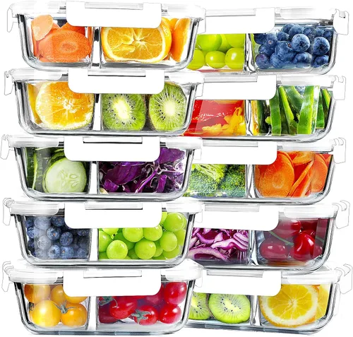 Vista 9 de VERONES Paquete de 10 recipientes de vidrio para preparación de comidas, juego de 2 compartimentos, recipientes herméticos de vidrio de 30 onzas