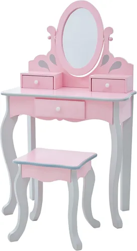 Teamson Kids Juego de tocador de madera de 2 piezas de la princesa Rapunzel con tres cajones de almacenamiento, espejo ovalado giratorio y taburete