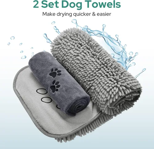 Vista 2 de HOMEIDEAS Juego de 2 toallas para perro, chenilla y microfibra, toalla de baño suave súper absorbente con bolsillos para las manos para secar